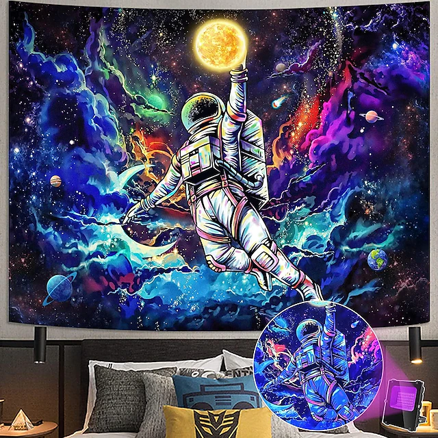 Astronaut Blacklight UV Reactive Wall Tapestry Moon Basketball Art Decor Blanket Curtain Picnic Tablecloth Hanging Home Bedroom Living Room Dorm Decoration Gift Polyester 13