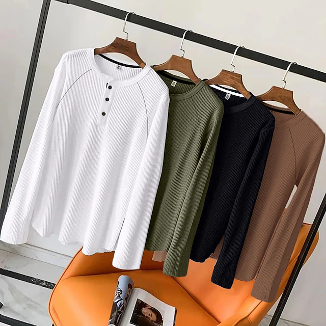 Men's Waffle Tee Button T Shirt Waffle Henley Shirt Henley Shirt Long Sleeve Henley Spring & Fall Plain Fashion Streetwear Casual Button-Down Sports WorkWear Going out Black White Top Tee for Men 9