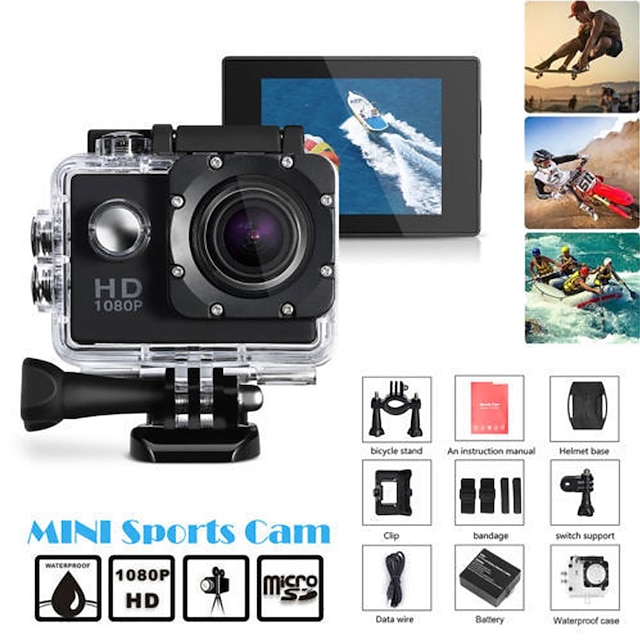  1080p 12MP Action Camera Full HD 2.0 Inch Screen 30 m 98 Foot Waterproof Sports Camera with Accessories Kits for Bicycle Motorcycle Diving Swimming etc