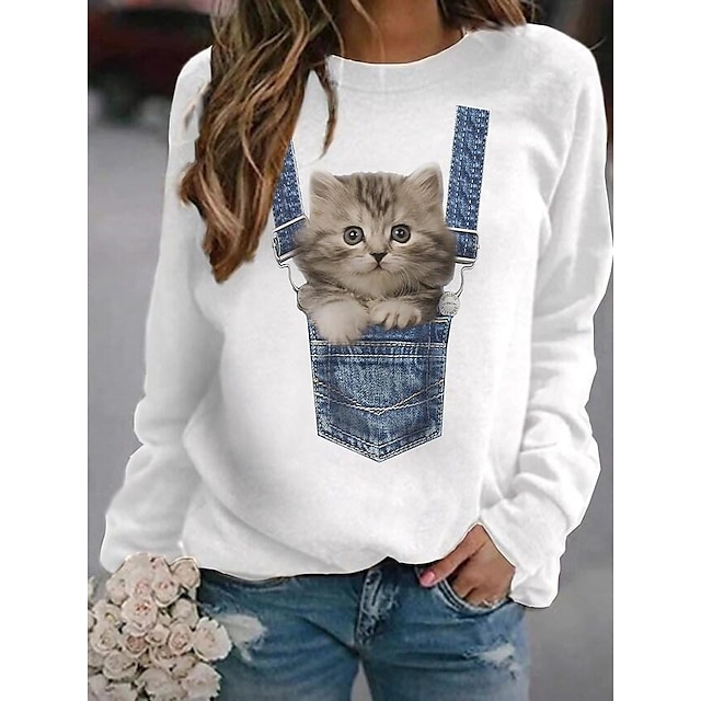  Women's T shirt Tee Black White Grey Print Cat 3D Daily Weekend Long Sleeve Round Neck Basic Regular 3D Cat Painting S