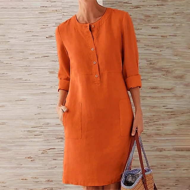  naisten vapaa-ajan mekko puuvilla pellava mekko vaihtomekko polvipituinen mekko harmaa khaki oranssi tummanharmaa pitkähihainen puhdas väri taskunappi kevät kesä syksy pyöreä pääntie perus löysä s m