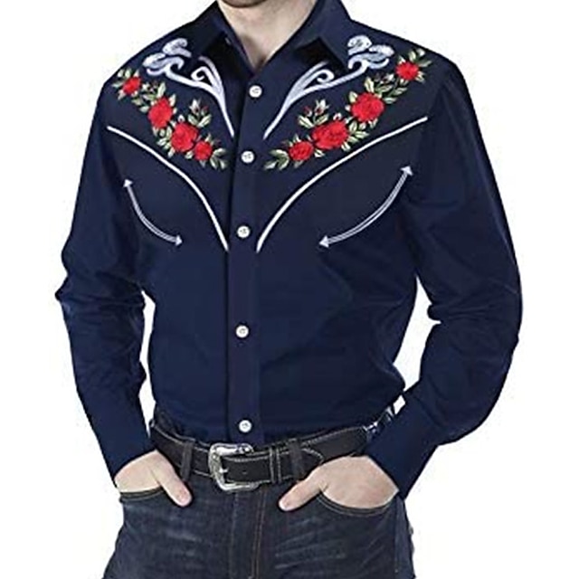 Men's Shirt Western Shirt Floral Graphic Prints Turndown Black White ...