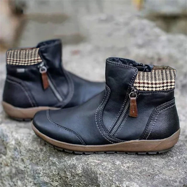 Women's Black Faux Leather Ankle Boots with Plaid Collar and Side Zipper, Comfortable Casual Footwear for Everyday Wear 14