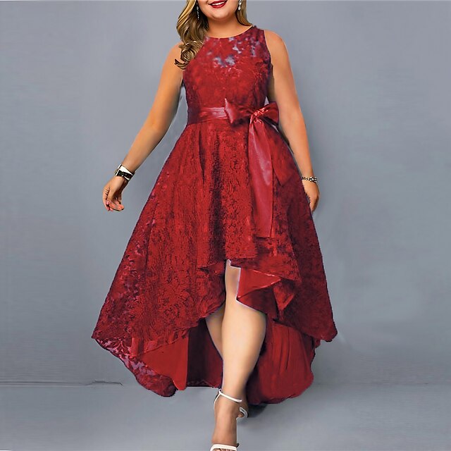 Womens Plus Size Red Chirstmas Dress Lace Dress Curve Party Dress Solid Color Crew Neck 0378