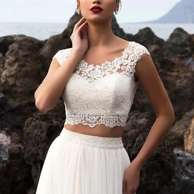 Beach Wedding Hall Casual Wedding Dresses Separates Illusion Neck Cap Sleeve Separates Lace Bridal Tops Bridal Gowns With Appliques ( Top Only ) 5