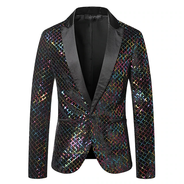 Men's Blazer Party Office & Career Shining Outdoor Pocket Sequin Fall Winter Plaid Stylish Warm Ups Lapel Silvery Gold Rainbow Jacket 11