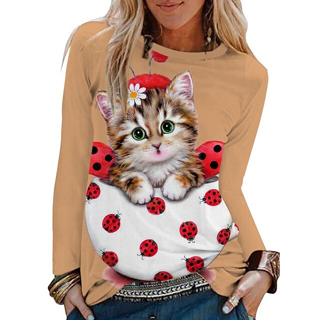  Women's T shirt Tee Pink Blue Orange Print Cat Dog Daily Weekend Long Sleeve Round Neck Basic Regular 3D Cat Painting S