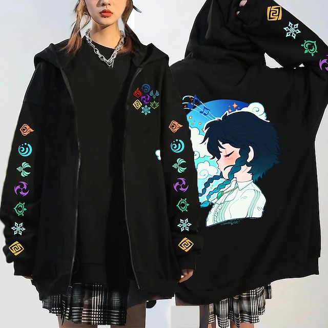  Genshin-impact Ciao Hutao Venti Trui met capuchon Overkleding Rits omhoog Anime Klassiek Street Style Voor Voor Stel Voor heren Dames Volwassenen Heet stempelen