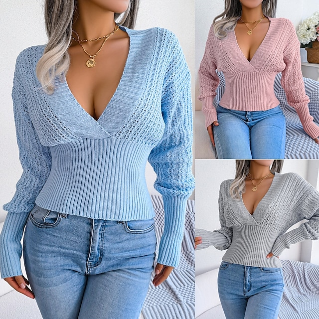  Women's Shirt Blouse Pink Blue Gray Crochet Plain Casual Daily Long Sleeve V Neck Basic Regular S