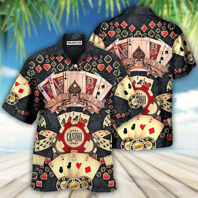  Herr Skjorta Hawaii skjorta Bokstav Grafiska tryck Poker Nedvikt Vit Svart / Grön Gul Ljusgrön Svart / Röd Ledigt Hawaiisk Kortärmad Mönster Button-Down Kläder Tropisk Mode Hawaiisk Mjukt