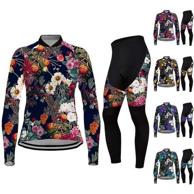 Women's Cycling Jersey with Tights Long Sleeve Mountain Bike MTB Road Bike Cycling Black Blue Purple Graphic Floral Botanical Bike Clothing Suit Thermal Warm 3D Pad Warm Breathable Quick Dry Polyester 10