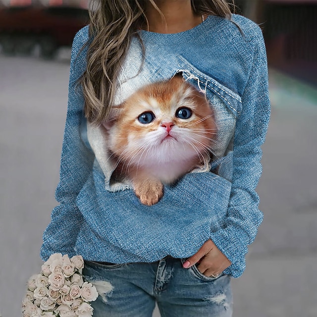  Women's Sweatshirt Pullover Basic Blue Cat Street Long Sleeve Round Neck