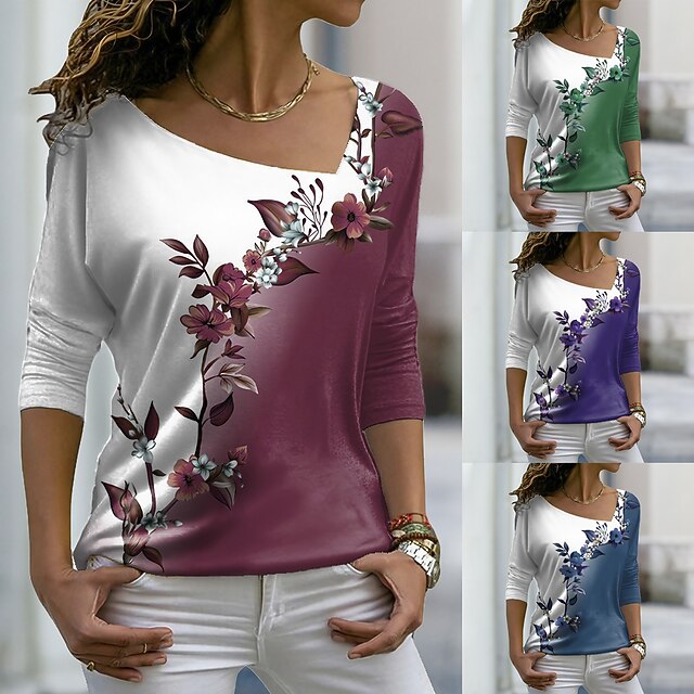 Women's Plus Size T Shirt Floral Graphic Long Sleeve V Neck Regular Tops Casual Weekend Print Pink Blue Purple Green Fall & Winter 6