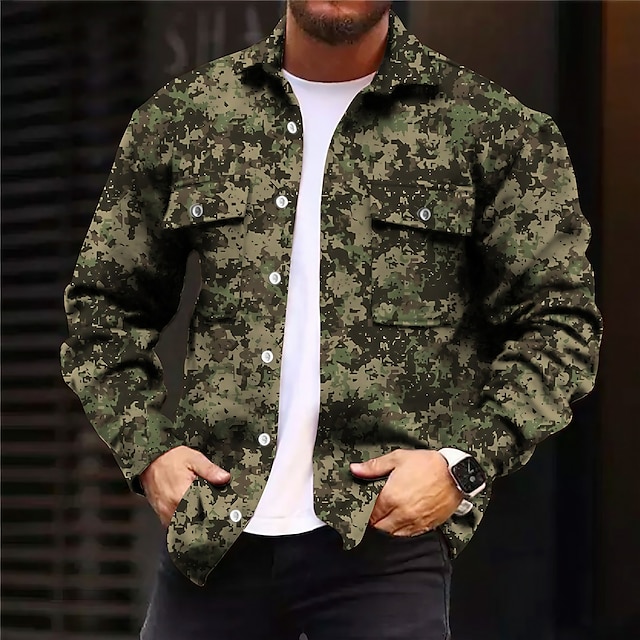  Estampas Abstratas camuflagem Esportes Moda Roupa de rua Homens Camisa Social Jaqueta de Camisa Ao ar livre Rua Casual Outono & inverno Aberto para a Lateral Manga Longa Verde Tropa, Verde S, M, L