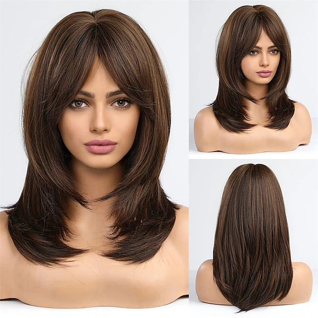 Dark Brown Wigs For Women Blonde Highlights Wig Natural Looking Short Wavy Bob Wig With Bangs 5109