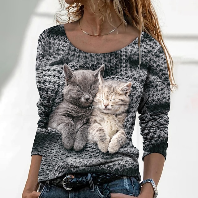  Women's T shirt Tee Dark Gray Print Cat 3D Daily Weekend Long Sleeve Round Neck Basic Regular 3D Cat Painting S