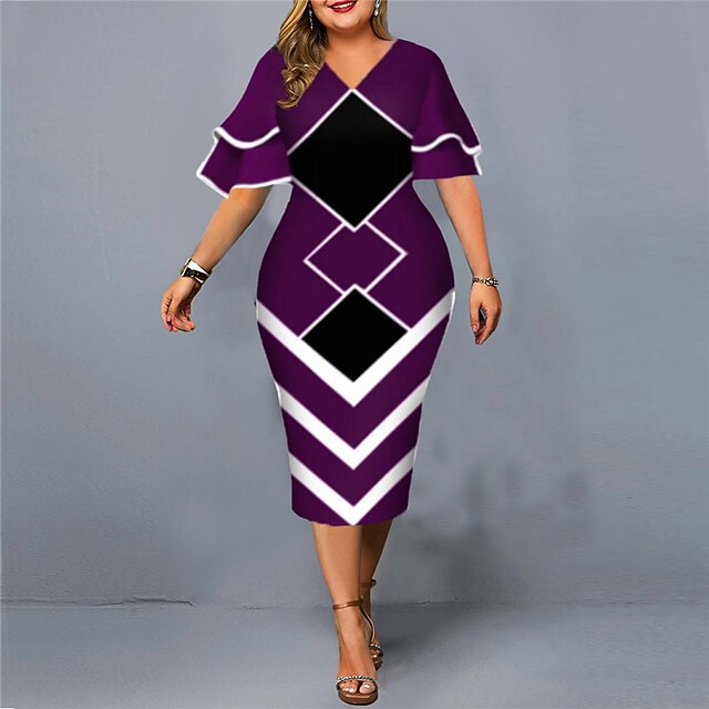 Women‘s Plus Size Curve Work Dress Geometric V Neck Short Sleeve Spring Fall Fashion Elegant