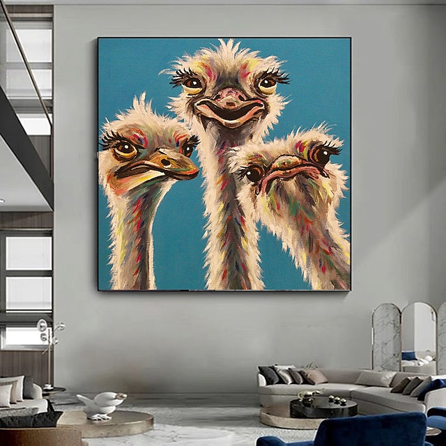  handgemaakt olieverfschilderij canvas muurdecoratie modern schattig dier struisvogel familie voor interieur gerold frameloos ongerekt schilderij