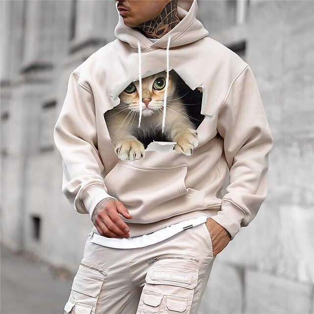 Men's Animal Cat Graphic Prints Hoodie Hoodies Sweatshirt Streetwear Designer Long Sleeve Hooded Daily Sports Black White Print Spring &  Fall Designer3