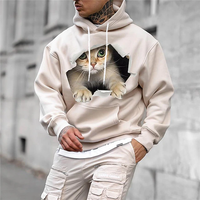 Men's Animal Cat Graphic Prints Hoodie Hoodies Sweatshirt Streetwear Designer Long Sleeve Hooded Daily Sports Black White Print Spring & Fall Designer3