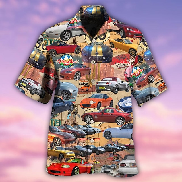  Herr Skjorta Hawaii skjorta Bilar Grafiska tryck Nedvikt Gul Ledigt Hawaiisk Kortärmad Mönster Button-Down Kläder Tropisk Mode Hawaiisk Mjukt