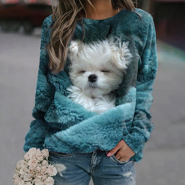  Women's Sweatshirt Pullover Basic 3D Print Blue Dog Street Plus Size Round Neck Long Sleeve