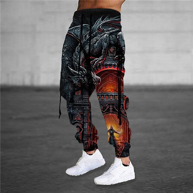 Men's Sweatpants Joggers Trousers Drawstring Elastic Waist 3D Print Animal Dragon Graphic Prints Comfort Sports Outdoor Casual Daily Cotton Blend Terry Streetwear Designer Orange Gray Micro-elastic3