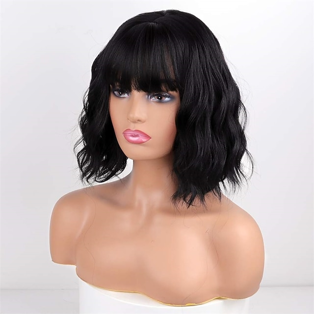 Short Wavy Black Wig with Bangs Short Black Bob Wigs for Women Wavy Bob
