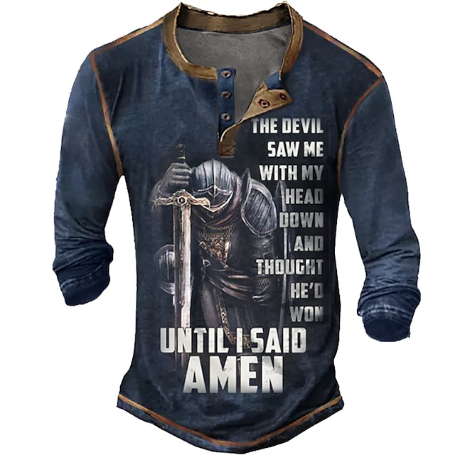 The Devil Saw Me With My Head Down And Thought 'D Won Until Said Amen Long Sleeve Mens 3D Shirt | Blue Winter Cotton | Henley Tee Graphic Soldier Clothing Apparel 3D Print Plus Size Casual Daily Wear