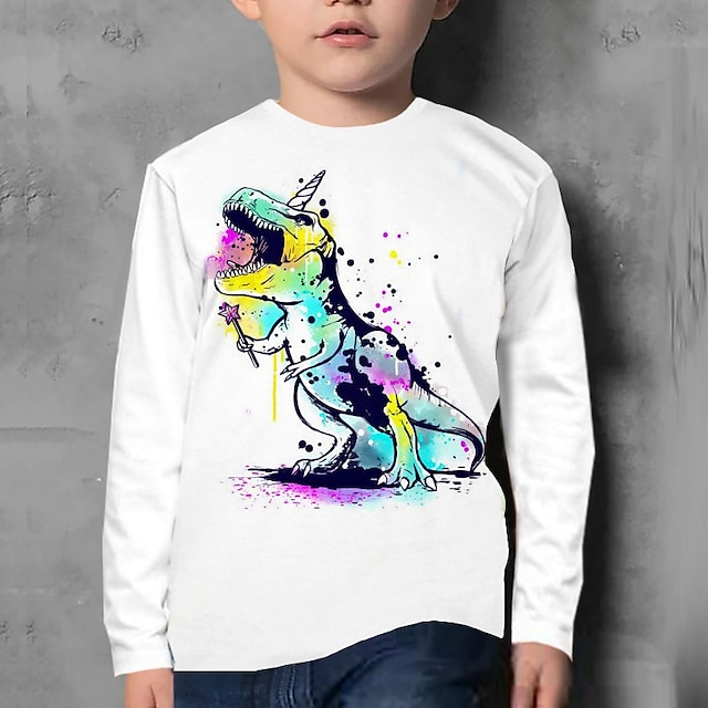  Lapset Poikien T-paita Tee Eläin Dinosaurus Pitkähihainen Crewneck Lasten toppi Kausaliteetti 3D-tulostus Tyylikäs Päivittäin Syksy Talvi Valkoinen 7-13 vuotta