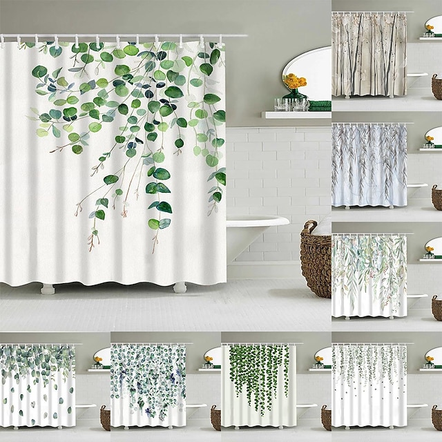  Shower Curtain, Green Shower Curtains for Bathroom, 3D Printing Washable Waterproof Cloth Plant Leaf Fabric Shower Curtain with 12 Hooks