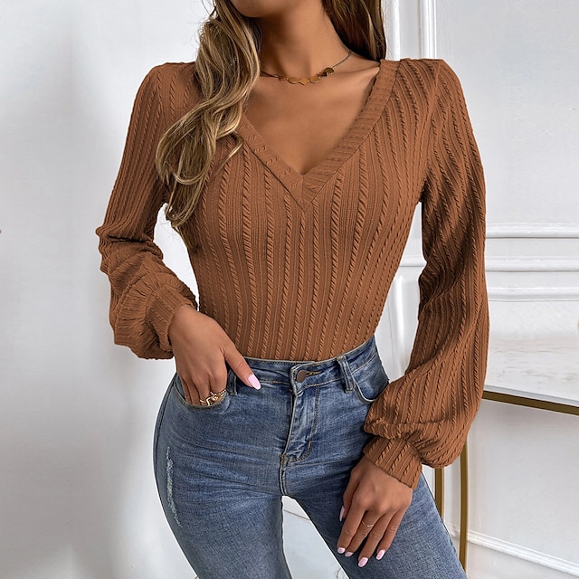 Women's Shirt Blouse Brown Khaki Crochet Plain Casual Long Sleeve V Neck Basic Regular Lantern Sleeve S