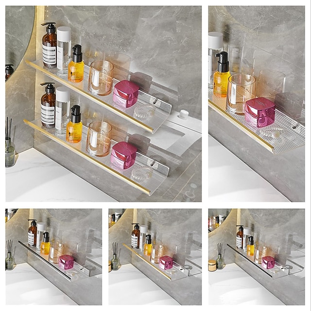  Carrello per doccia Mensola da bagno in acrilico nero/oro, lavabo per WC perforato, scaffale per WC a parete