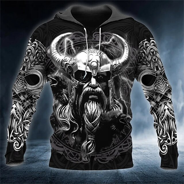 Men's Viking Warrior Graphic Prints Hoodie Hoodies Sweatshirt Streetwear Designer Long Sleeve Hooded Daily Sports Black Print Spring &  Fall Designer2