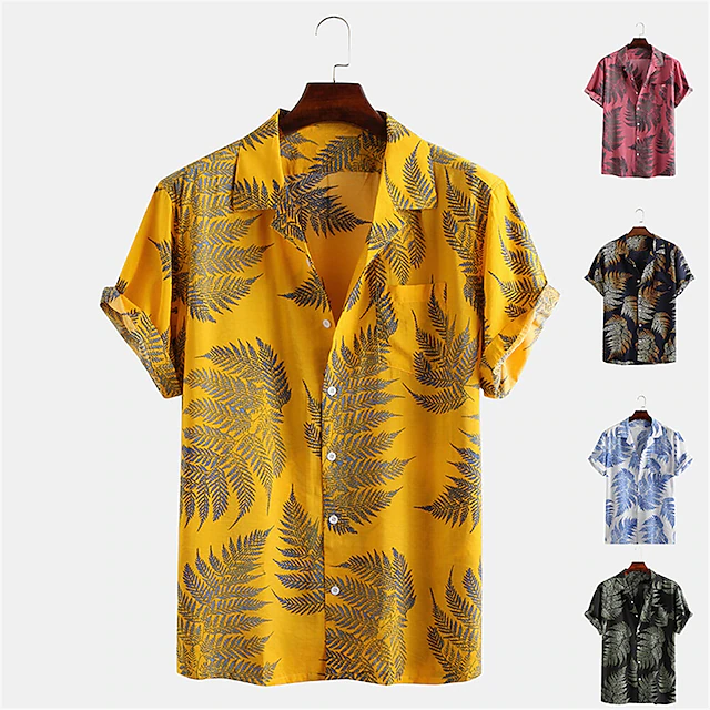 Men's Palm Leaf Tropical Plants Shirt Summer Hawaiian Shirt Camp Collar Shirt Short Sleeve Shirt Collar Turndown Fashion Hawaiian Designer Outdoor Vacation Street Yellow Pink Green Print S M L 10
