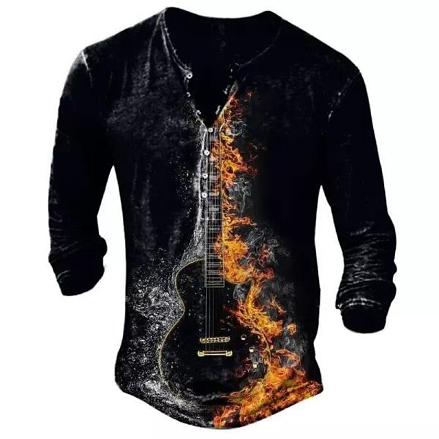 Men's Halloween Graphic Musical Instrument Henley Shirt Tee Long Sleeve 3D Print Fashion Designer Comfortable Outdoor Casual Daily Spring &  Fall Black Henley Henley T-Shirt2
