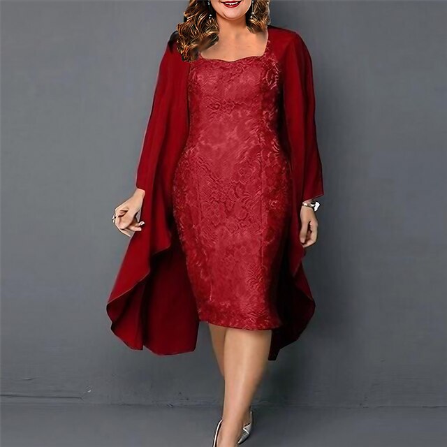 Womens Plus Size Red Chirstmas Dress Curve Dress Set Solid Color Strap 34 Length Sleeve Spring 9080