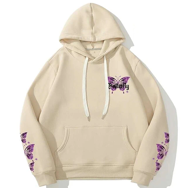 Men's Butterfly Hoodie Hoodies Sweatshirt Streetwear Cool Long Sleeve Hooded Holiday Going out Light Khaki. Black Lace up Pocket Winter Spring & Fall Designer 7