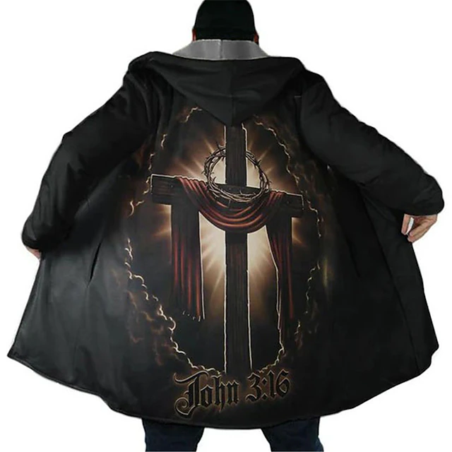 Men's Graphic Prints Vintage Cross Winter Coat Fleece Jacket Coat Warm Comfortable Breathable Fashion Streetwear Sport Sports & Outdoor Daily Wear Going out Zipper Pocket Print Fall & Winter Hoodie3