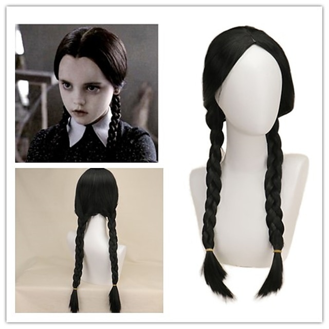  perucă împletită addams peruci negre pentru femei fete peruci lungi cu păr împletit negru pentru petrecere