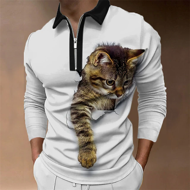 Men's Cat Zip Polo Shirts Golf Shirt Long Sleeve Polo Shirts Collared Shirts Casual Funny Streetwear Vacation Wear Party Outfits 3D Print Quarter Zip Polo Black Blue White+Gray 6