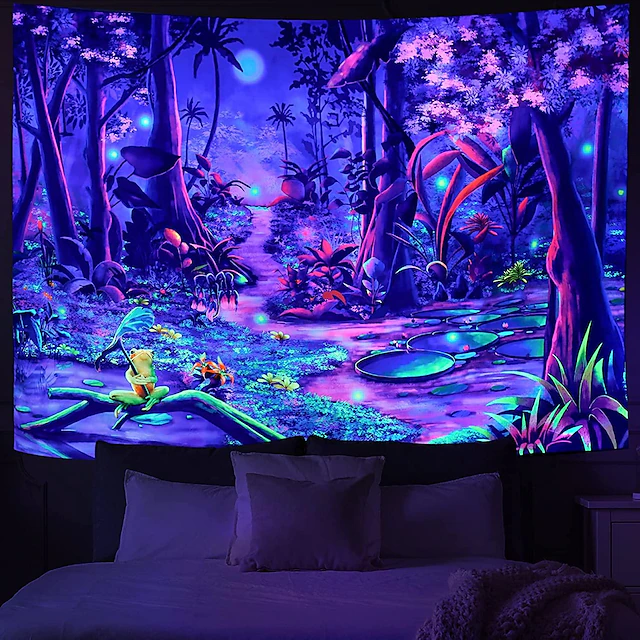 Blacklight Tapestry UV Reactive Glow in the Dark Glow Party Neon Wonderland Psychedelic Trippy Misty Hanging Tapestry Wall Art Mural for Living Room Bedroom 18