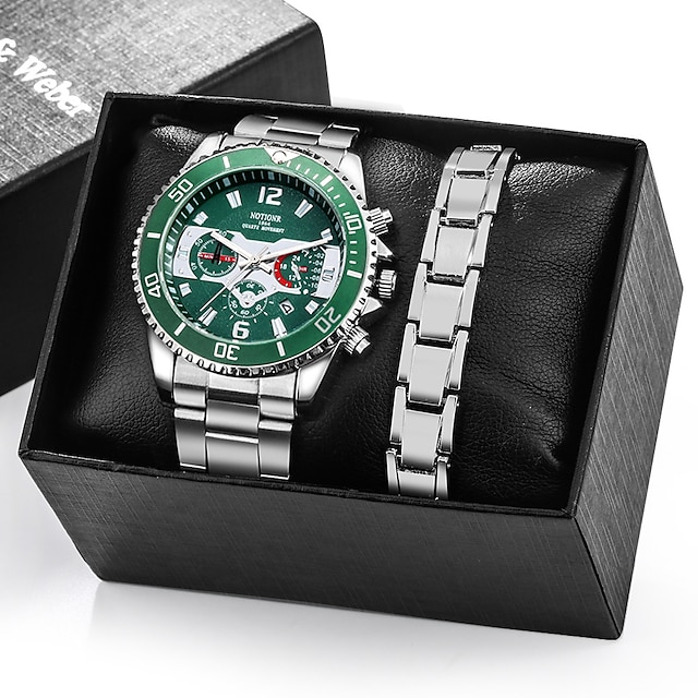  Elegant Silver Quartz Watch with Calendar Male Practical Valentine's Day Gift for Husband Boyfriend Detachable Bracelet Gift Box New Year Christmas Gift