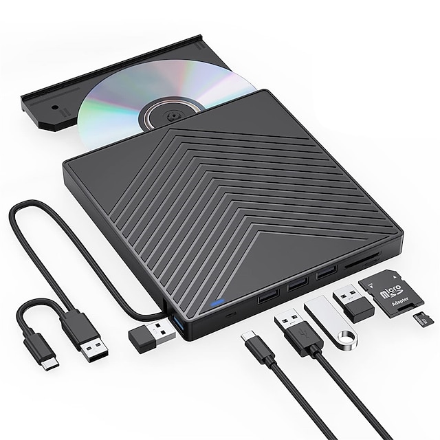  unidade de cd dvd externa 7 em 1 gravador de cd ultrafino usb 3.0 com 4 portas usb e 2 slots de cartão tf/sd unidade de disco óptico para laptop mac pc windows 11/10/8/7 linux os
