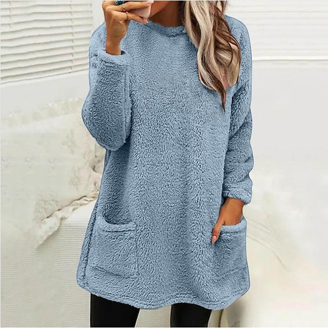 Women's Sweatshirt Pullover Sherpa Fleece Teddy Pocket Light Blue