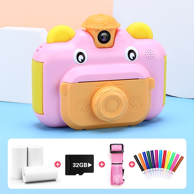  מצלמת ילדים מצלמת הדפסה מיידית לילדים צעצועי מצלמת צילום וידאו HD 1080p עם סט עטים צבעוניים להדפסת כרטיס 32 ג'יגה מצלמה דיגיטלית נטענת לילדים