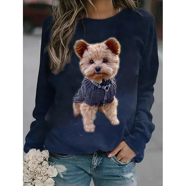 Women's Plus Size Dog Basic Long Sleeve Round Neck Crewneck Regular Tops Street Casual Navy Blue Purple Green Gray Fall & Winter 5
