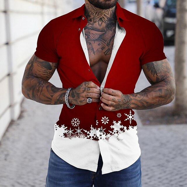 Christmas Men's Christmas Scene Printed Shirts Shirts Graphic Prints Snowflake Turndown Wine Green 3D Print Street Casual Short Sleeves Button-Down Print Clothing Apparel Fashion Designer Casual3
