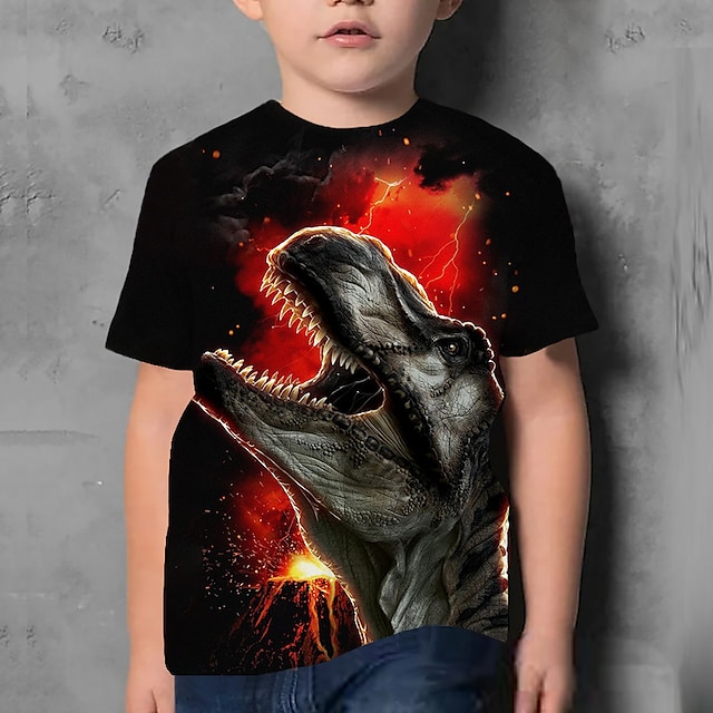  Børn Drenge T-shirt T-shirt Dyr Dinosaurus Kortærmet Crewneck Børne Top Afslappet 3D-udskrivning Sej Daglig Sommer Sort 3-12 år