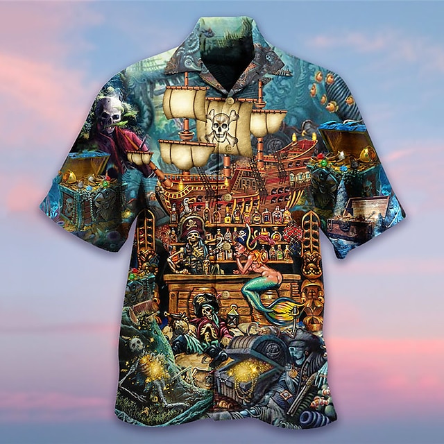  Herre Skjorte Hawaii skjorte Dødningehoveder Havfrue Grafiske tryk Pirat Aftæpning Navyblå Blå Afslappet Hawaiiansk Kortærmet Trykt mønster Knap ned Tøj Tropisk Mode Hawaiiansk Hippie